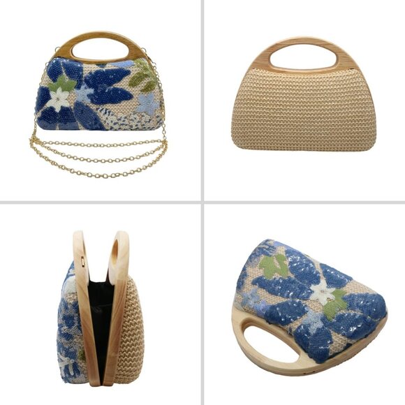 Summer Blue Straw Woven Clutch Bag with Sequined Embroidery & Removable Chain - Picture 5 of 6